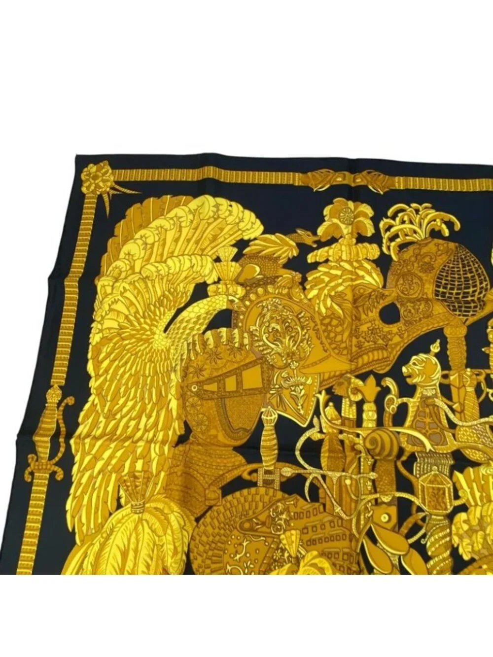 Hermes Carre 90 Armets En Panache Feathered Cavalry Helmet Black Gold Scarf